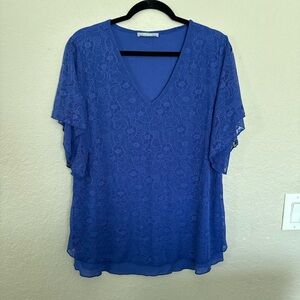 Women's Royal Blue V-Neck Flutter Sleeve Top